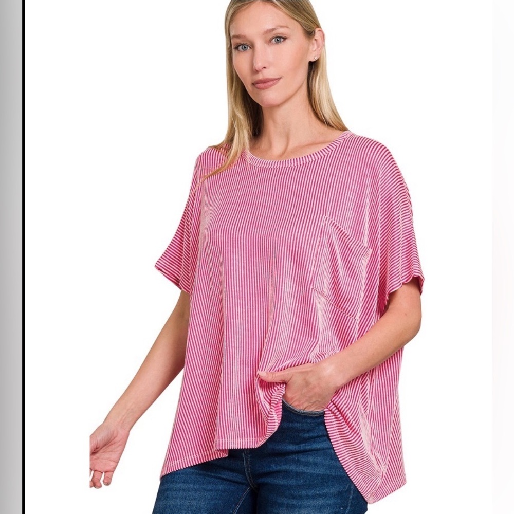 Zenana Pink Striped Ribbed HI LOW Top